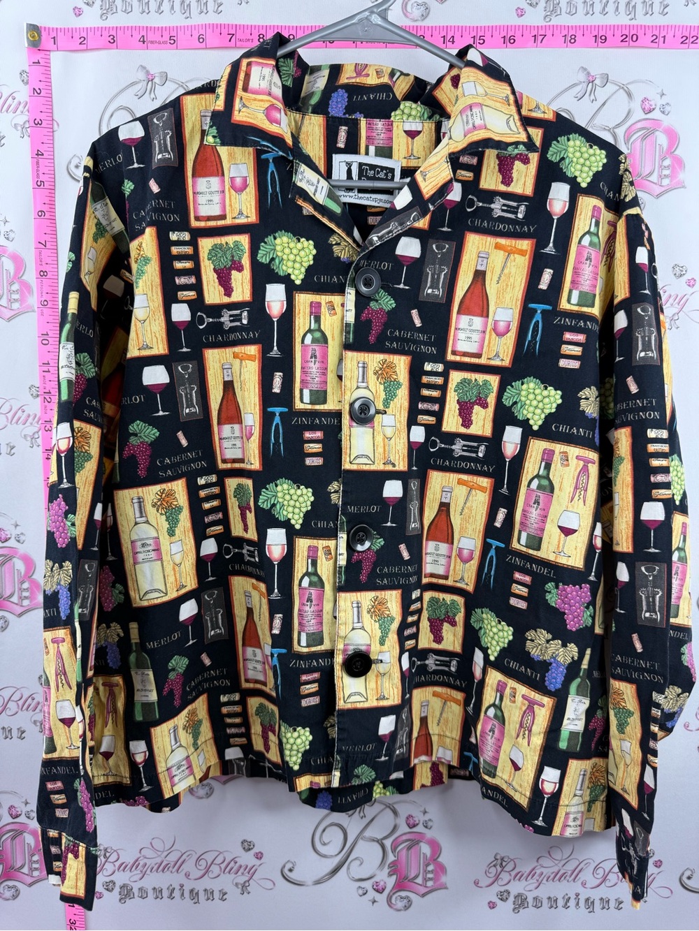 THE CATS PAJAMAS wine shirt Casual Black Wine-Print Button-Down Shirt top